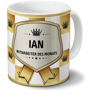 printplanet Tasse mit Namen Ian - Motiv Mitarbeiter des Monats - Namenstasse, Kaffeebecher, Mug, Becher, Kaffeetasse - Farbe Weiß