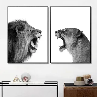 MHLCMG Leinwand Malerei Löwe und Löwin Bilder Wandkunst Schwarz Weiß Tier Poster Kunstdruck Bild Wand Wohnzimmer Schlafzimmer Dekor Kein Rahmen (2X30X40CM)