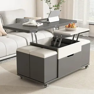 RUYICZB Couchtisch Mit Lift-Top Und Verstecktem Stauraum, Multifunktionaler 3-In-1 Moderner Couchtisch Mit 4 Hockern Und Feststellbaren Rollen Für Das Wohnzimmer
