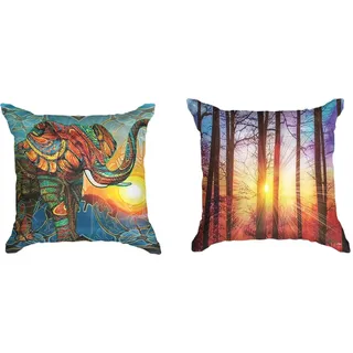 Ulticool - Kissenhülle - Elefant Sonne Boho Bohemien Sonnenuntergang - Orange Violett Blau Gelb - Set von 2 Motiven – 45 cm x 45 cm - Dekokissen ohne Füllung - Kissenbezug Zubehör für Sofa/Bett