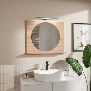 HAJDUK FURNITURE Badspiegel mit Beleuchtung und Ablage Eiche Sonoma H:60 x B: 70 cm Rund Spiegel ⌀55 cm Bathroom Mirror Moderner Badezimmer Spiegel Rechteckig Wandspiegel mit Regal LED-Gehäuse Chrom
