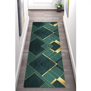 LIHY Läufer Teppich für Flur Indoor rutschfest Grün 120×350cm, Waschbar Polyester Langer Teppich für Küche Wohnzimmer, Breite 60cm/ 80cm/100cm/ 120cm