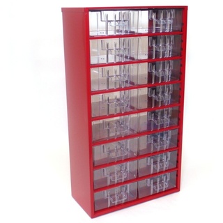 Kleinteilemagazin aus Metall, 16 Schubladen, rot