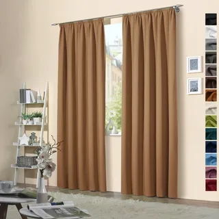 heimtexland ® 2 Stück Thermo Verdunkelungsvorhänge Sonnenschutz Kälteisolierung Verdunkelungsgardinen Kräuselband Vorhang Typ139 Camel HxB 245... - Beige