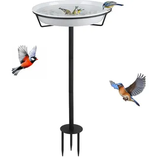 DBREAKS Metall Vogeltränke Stehend 30CM für Draußen Garten Höhenverstellbar Vogelfutterspender Ständer auf Stab, Vogelbecken Groß Schüssel Winterfest Wassertränke für Wildvögel, Weiß