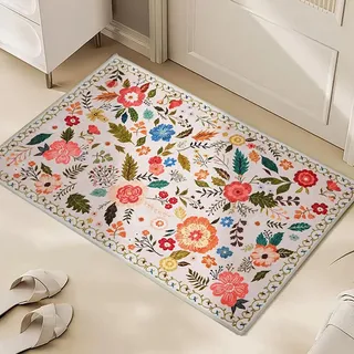 LUPATDY Teppich Wohnzimmer, Waschbarer Vintage Wohnzimmerteppich, Anti-Rutsch Niedriger Flor Teppich mit Blumenmuster, Teppiche für Wohnzimmer Schlafzimmer Esszimmer und Kinderzimer, 100 * 66 cm