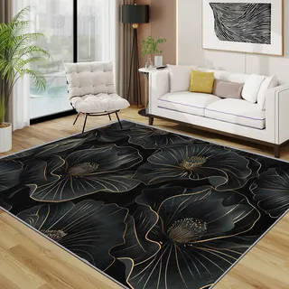 TerroVee Blumen Teppich Waschbar, Luxus Lotus Blumig Teppich 80x150 cm, Schwarz Gold rutschfest Waschbar Pflegeleicht Teppiche Für Schlafzimmer Küche, Schwarz Gold