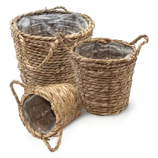 Spetebo Seegras Pflanzkorb 3er Set Natur - 25/20 / 15 cm - Pflanztopf mit Folie ausgekleidet - Deko Blumenkorb Blumentopf Flechtkorb Korbset mit Henkel für Zimmerpflanzen