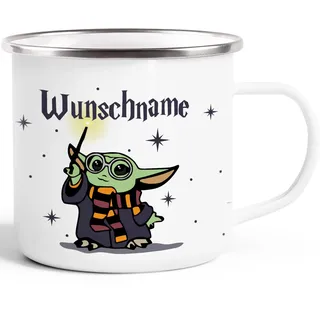 MoonWorks® Emaille-Tasse Baby-Yoda personalisierte Geschenke Wunschname Geburtstag Weihnachten Emaille-weiss-silber standard