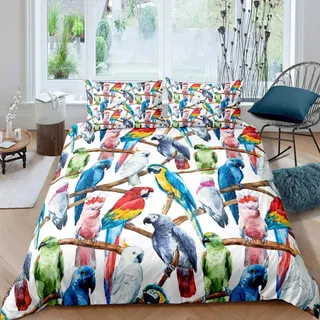 Loussiesd 3D Papagei Muster Bettwäsche Set Vogel Bunt Bettbezug Set Kinder Jungen Mädchen 135x200 cm Microfaser Betten Set mit Reißverschluss und 1 Kissenbezug 80x80 cm