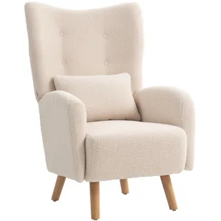 HOMCOM Ohrensessel Loungesessel mit Lendenkissen Holzbeine Beige | Geplosterter Sessel mit Sherpa Fleece-Optik, Diamanttufting-Rücken, Relaxsessel für Wohnzimmer, Schlafzimmer