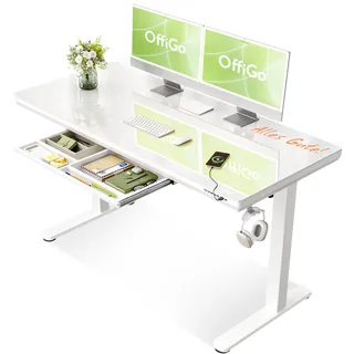 OffiGo Glas Höhenverstellbarer Schreibtisch, 140 x 60 cm Elektrischer Schreibtisch mit Schublade, Ganze Tischplatte mit USB und Type-C, Standing Desk, Steh-Sitz Glastisch für Home Office Büro, Weiß