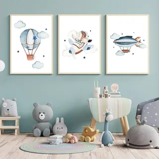 CULASIGN 3er Set Poster Kinderzimmer, A4 Bilder Babyzimmer Kinderposter OHNE Bilderrahmen, Wandbilder Deko Mädchen Junge, Kinderbilder Autos Flugzeuge Heißluftballons (DEF,21x30cm)