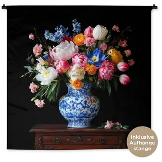 MuchoWow Wandteppich Rosen - Blumen - Vase - Blumenstrauß, Quadratisch, Höhe: 3 mm, Wandtuch, Wanddekoobjekt, 120x120 cm Quadratisch | 120 cm x 120 cm x 3 mm