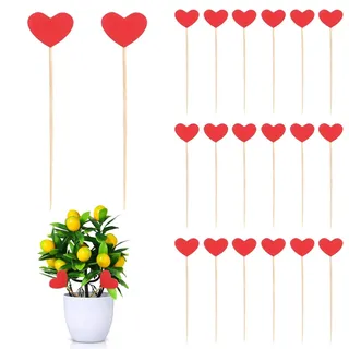 Cyrank 20 Stück Mini-Herz-Gartenstecker, Gartenstecker Herz, Blumenstecker, Dekor, Rote Holz-Liebesherz-Gartenornamente, Pfähle Für Den Innenbereich, Blumentopf, Dekorative Pfähle
