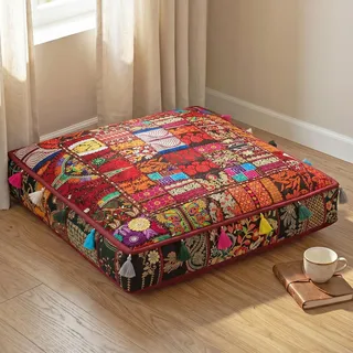 THE ART BOX 88 x 88 x 12 cm, Vintage-Patchwork, großes Outdoor-Kissen, großes Hundebett, Gartendekoration, Bodensitzkissen, Boho-Dekorationskissen (nur Bezug)
