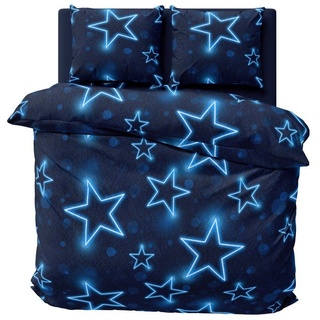 Bettwäsche Sterne, One Home, Fleece, 3 teilig, leuchtoptik, kuschelig flauschig warm weich Winter Doppelbett blau 1 St. x 240 cm x 220 cm