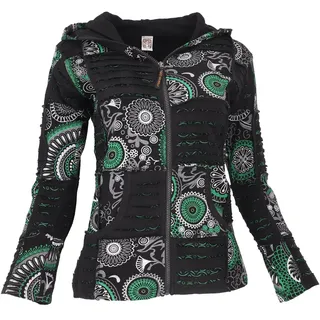 Guru-Shop Langjacke Goa Patchwork Jacke, Boho Kapuzenjacke, Ethno.. alternative Bekleidung grün|schwarz L