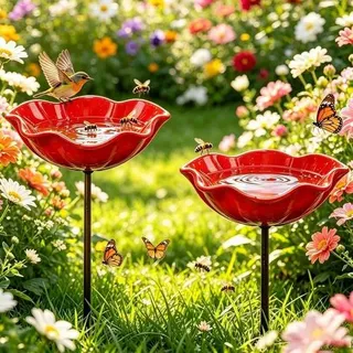 2er Set Metall-Blumenstecker mit Vogeltränke 60cm
