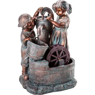Dehner Gartenbrunnen Lea und Leon mit LED Beleuchtung, ca. 68.5 x 45 x 35 cm, Polyresin, grün/blau/braun