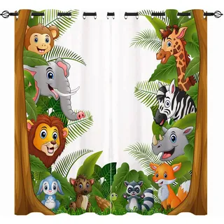 YUANZU Kinder Vorhänge Dschungel Wald Tiere Zoo Ösen Gardinen mit Blickdichte Thermo Vorhang Kälteschutz Blackout Curtain Kinderzimmer Schlafzimmer Verdunkelung Fenster, 2 Stück, H 114 x B 132 cm