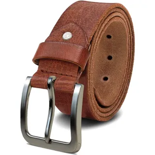 ROYALZ Herren Ledergürtel aus robusten 4 mm Büffel-Leder, Voll-Leder Vintage Gürtel für Jeans Anzug Hose, Größe:Bundweite 100 cm = Gesamtlänge 115 cm, Farbe:Cognac Braun - Schnalle gebürstet - Bundweite 100 cm = Gesamtlänge 115 cm