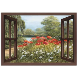 ARTland Wanddeko Wandbild Alu Verbundplatte für Innen & Outdoor Bild Fensterblick Landschaft Blumen Mohnblumen See Blumenwiese Natur F7EO