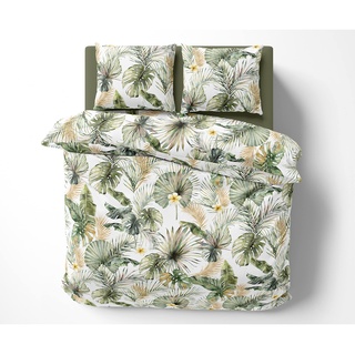 Bettwaesche-mit-Stil Mako Satin Bettwäsche Blätter und Palmen weiß (Garnitur 240x220 + 2X 80x80 cm)