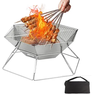 Tragbare Feuerstelle Edelstahl, Faltbarer Feuerschale mit Grillrost | Feuerstelle Outdoor & Camping Grill, Kleine Feuerschale Klappbar mit Tragetasche für Terrasse, Outdoor-BBQ und Lagerfeuer
