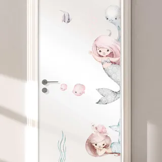 WANDKIND Türaufkleber Kinderzimmer | handgezeichnet | AUFKLEBER Türen Kindergarten | Babyzimmer Tür Sticker Deko Wanddeko (Türgriff Links, T112 Meerjungfrau)