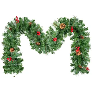 Girlande Weihnachten 2.2 m, Uten Dekogirlande mit Tannenzapfen,rote Beeren und Schnee, für Innen und Aussen, Tür, Treppe, Hochzeit, Weihnachten