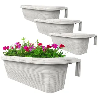 GarPet 4x Blumenkasten Balkongeländer Balkon Blumenkasten Balkonkasten mit Halterung Geländerkasten mit Wasserspeicher Rattan Optik Weiß 60 cm