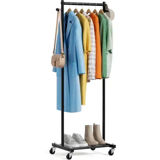 MISSLO Kleine Kleiderstange zum Aufhängen von Kleidern auf Rollen 152 cm Metall-Kleiderstange mit Regalen Tragbarer freistehender rollender Kleiderständer für kleine Räume, Schwarz