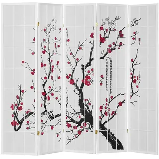 Homestyle4u Paravent Weiß Holz Shoji Reispapier Kirschblüten Shoji