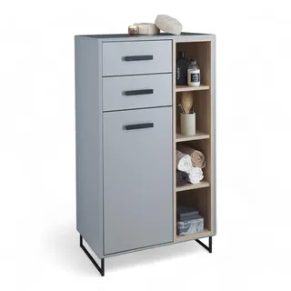 Tunis Badezimmer Kommode in Grau/Eiche Sonoma Optik - Badezimmerschrank Bad Schrank mit viel Stauraum - 65 x 116 x 38 cm (B/H/T)
