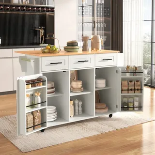 Merax Küchenwagen mit erweiterbarer Arbeitsplatte,Kücheninsel mit 3 Schubladen, Servierwagen Küchenschrank Küchentrolley, 139x46(71)x91,5 cm, W... - Weiß