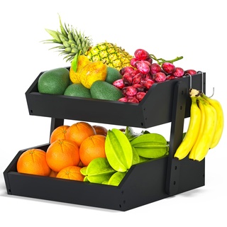 Gmtsl Bambus-Obstkorb – Obstschale mit 2 Etagen für die Küchentheke, große Kapazität, Obsthalter mit 2 Bananenaufhängern, ideal für Obst und Gemüse, Brotkorb, Snack-Organizer (schwarz)