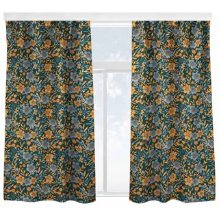 Bilderdepot24 Vorhang Gardine Blumen Natur Muster Orange Blaue Blüten Petrol Türvorhang (2 St), Multifunktionsband, blickdicht, Samt, Schiebegardinen Küche Schlafzimmer Wohnzimmer Schiebevorhang orange 130 cm x 225 cm