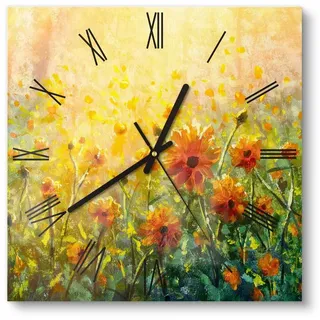 DEQORI Wanduhr 'Blumenwiese im Monet-Stil' (Glas Glasuhr modern Wand Uhr Design Küchenuhr) gelb|grün 30 cm x 30 cm