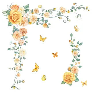 Fufuquare DIY Botanische Gelbe Rosen Wandtattoo Blumen Nichtgiftige Wasserdichte Wandaufkleber für Kinderzimmer Schlafzimmer Wohnzimmer Badezimmer