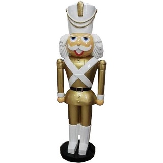 Casa Padrino Deko XXL Skulptur Nußknacker Gold / Weiß mit Uniform Lebensgross 180 cm - Weihnachten Weihnachtsdeko Kaufhausdeko