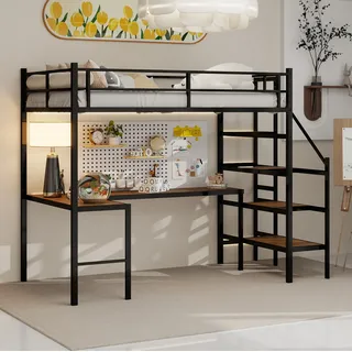 Hochbett Aus Metall Schwarz 90x190 Cm Mit L-schreibtisch, Stauraumtreppe Und Umlaufendem Sicherheitsgeländer