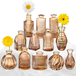 Knospenvasen, 12 Stück, Bernsteinvasen, kleine Glasvasen für Blumen, Moderne geriffelte Bernsteinglasvase für Dekoration, Blumenvase in Großpackung, Vintage-Dekor, Boho, Hochzeit, Tafelaufsätze,