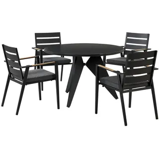 BELIANI Gartenmöbel Set 5-teilig Schwarz Aluminium Tisch ⌀ 110 cm Rund Keramikplatte mit 4 Stühlen Auflagen Grau Stapelbar Terrasse Außenbereich