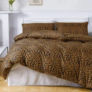 Luofanfei Bettwäsche 220x240 Leoparden Leo Braun Gelb Gold Leopardenmuster Bettwäsche Bettbezug Set King Size 3 Teilig Microfaser Vintage Bettwäscheset und Kissenbezüge 80x80 cm mit Reißverschluss
