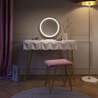 Vicco Schminktisch Ruby, Weiß, 100 cm mit LED Beleuchtung und Hocker, Stauraum für Make-up, Haar- und Pflegeprodukte in Reichweite