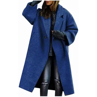 RKaixuni Langer Damen-Trenchcoat, modische Wollmischung, Jacke, Übergröße, Revers, Peacoat, Winter, Herbst, Maxi, langer Mantel, Oberbekleidung, blau, 52 - 52