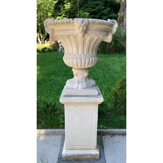 Casa Padrino Barock Blumentopf mit Säule Weiß Ø 73 x H. 141 cm - Prunkvoller Pflanzentopf mit Gartensäule im Barockstil - Barock Garten Deko Accessoires