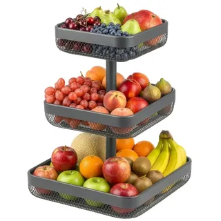 eluno Obstschale eckig 3-stöckig, 20 cm, 25 cm und 30 cm, Metall, Metall grau