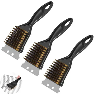3 Stück Grillbürste Messing, BBQ Grillbürste, 2IN1 Grillreiniger Bürste | Messingbürste grill mit Messingborsten und Edelstahlschaber, PP Griff, für Gasgrill, Holzkohlegrill, Elektrogrill, Grillrost